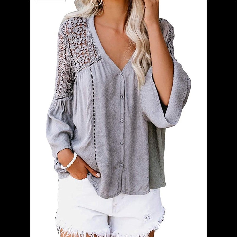V Neck Lace Crochet Flowy Bell Sleeve Button Down